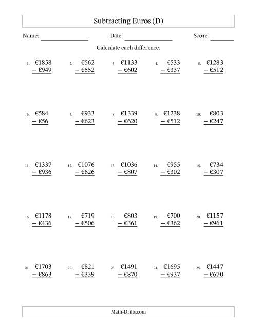 The Subtracting Euros With Amounts from 1 to 999 in Increments of One Euro (D) Math Worksheet