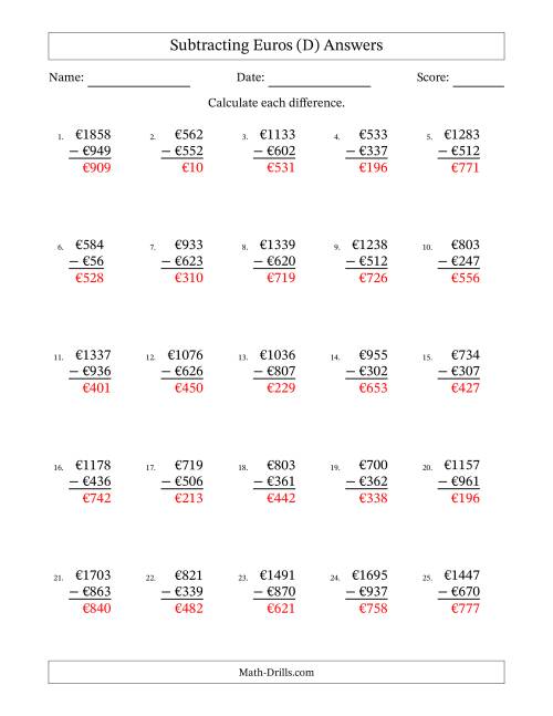 The Subtracting Euros With Amounts from 1 to 999 in Increments of One Euro (D) Math Worksheet Page 2