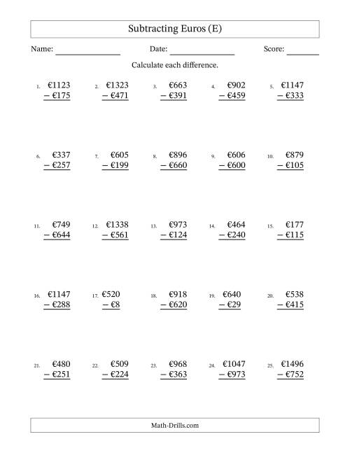 The Subtracting Euros With Amounts from 1 to 999 in Increments of One Euro (E) Math Worksheet