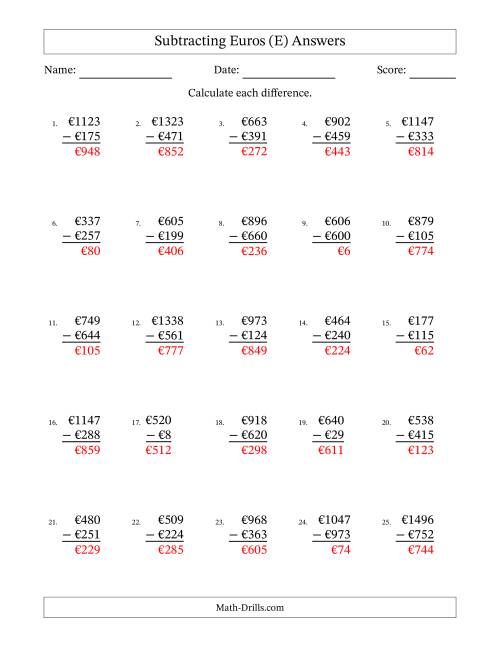 The Subtracting Euros With Amounts from 1 to 999 in Increments of One Euro (E) Math Worksheet Page 2