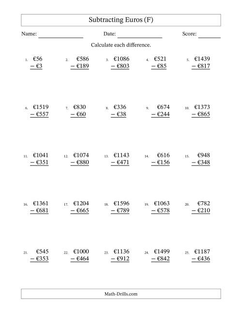 The Subtracting Euros With Amounts from 1 to 999 in Increments of One Euro (F) Math Worksheet