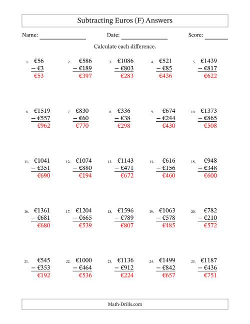 The Subtracting Euros With Amounts from 1 to 999 in Increments of One Euro (F) Math Worksheet Page 2