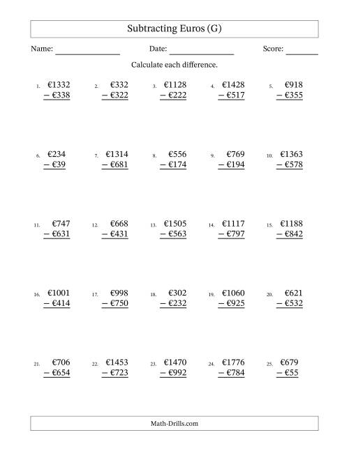 The Subtracting Euros With Amounts from 1 to 999 in Increments of One Euro (G) Math Worksheet