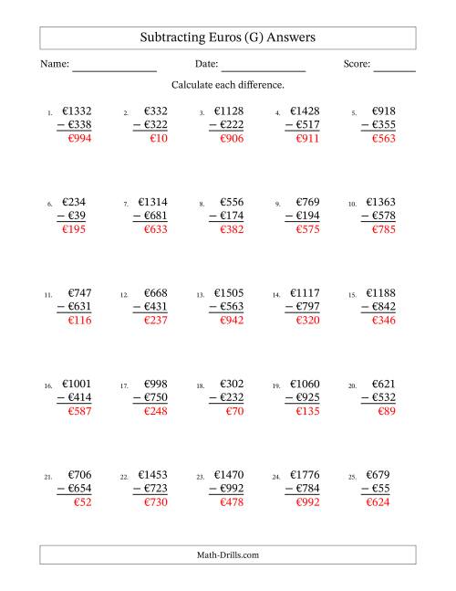 The Subtracting Euros With Amounts from 1 to 999 in Increments of One Euro (G) Math Worksheet Page 2