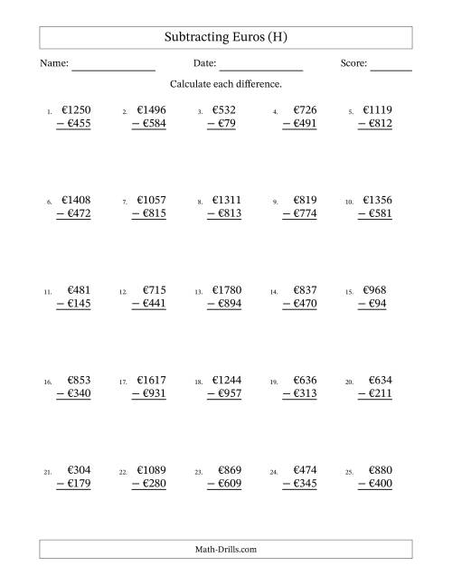 The Subtracting Euros With Amounts from 1 to 999 in Increments of One Euro (H) Math Worksheet