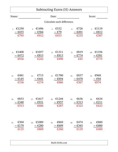 The Subtracting Euros With Amounts from 1 to 999 in Increments of One Euro (H) Math Worksheet Page 2