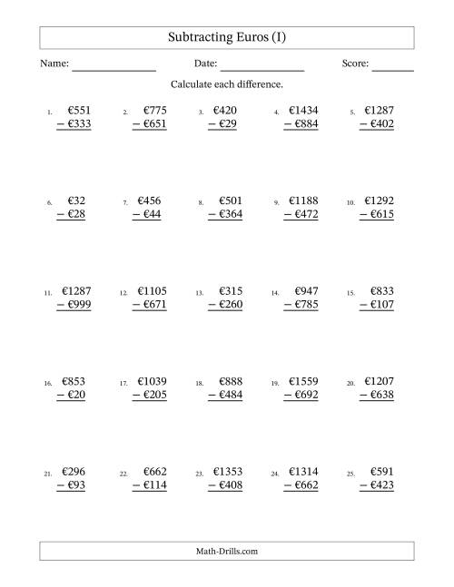 The Subtracting Euros With Amounts from 1 to 999 in Increments of One Euro (I) Math Worksheet