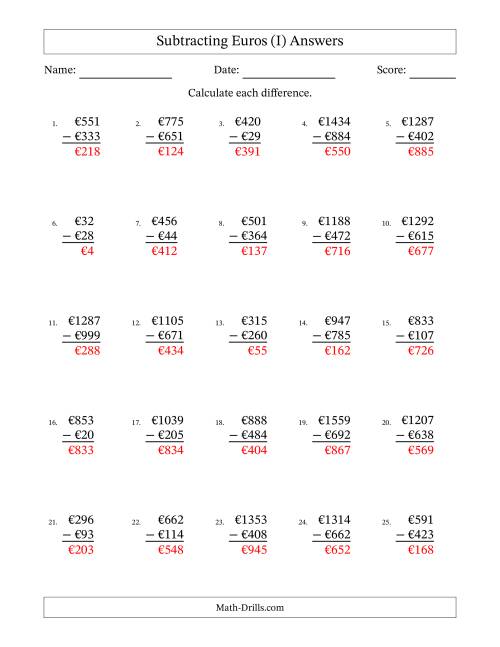 The Subtracting Euros With Amounts from 1 to 999 in Increments of One Euro (I) Math Worksheet Page 2