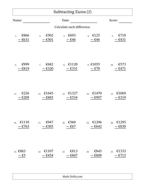 The Subtracting Euros With Amounts from 1 to 999 in Increments of One Euro (J) Math Worksheet