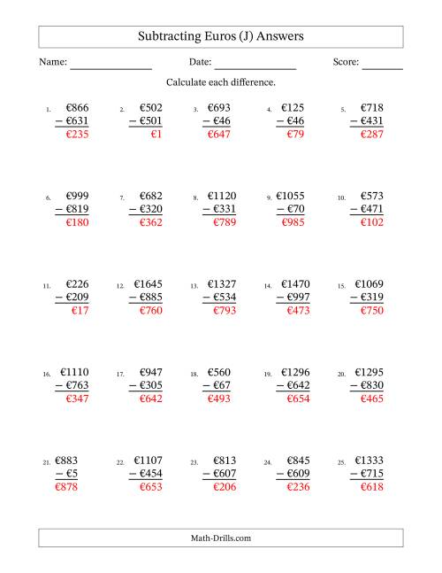 The Subtracting Euros With Amounts from 1 to 999 in Increments of One Euro (J) Math Worksheet Page 2