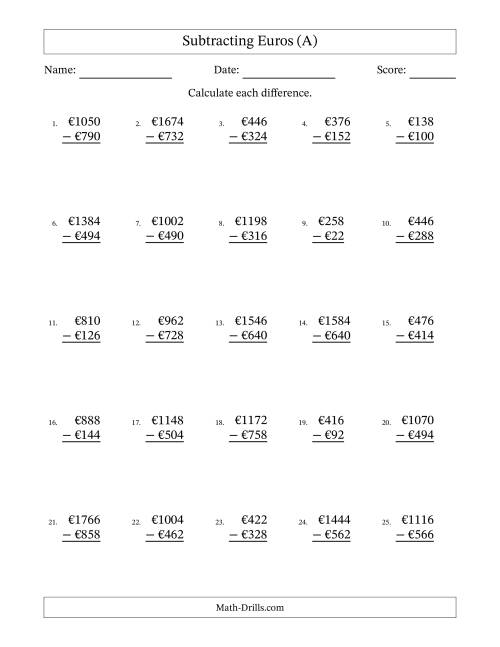 The Subtracting Euros With Amounts from 2 to 998 in Increments of Two Euros (A) Math Worksheet