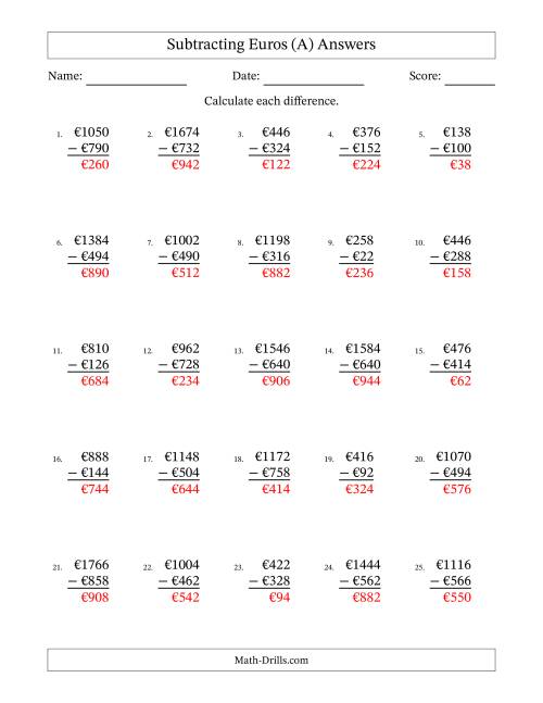 The Subtracting Euros With Amounts from 2 to 998 in Increments of Two Euros (A) Math Worksheet Page 2