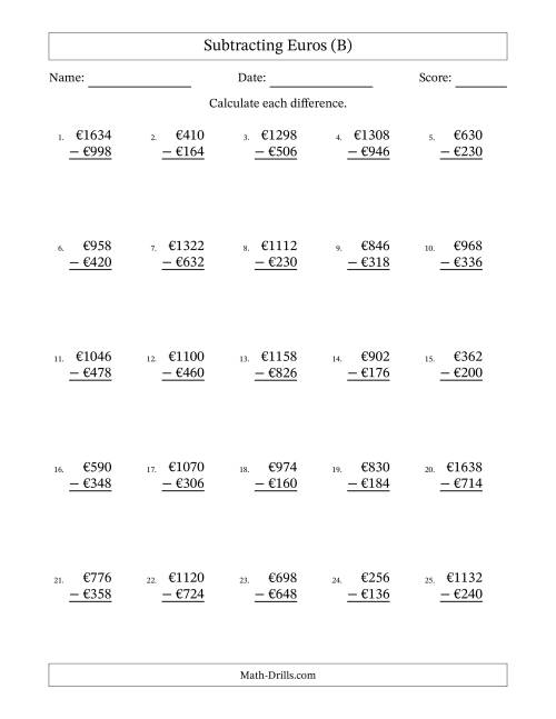 The Subtracting Euros With Amounts from 2 to 998 in Increments of Two Euros (B) Math Worksheet