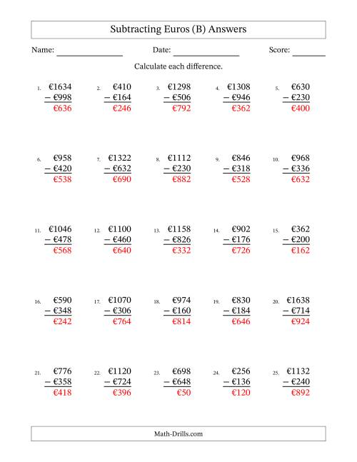 The Subtracting Euros With Amounts from 2 to 998 in Increments of Two Euros (B) Math Worksheet Page 2