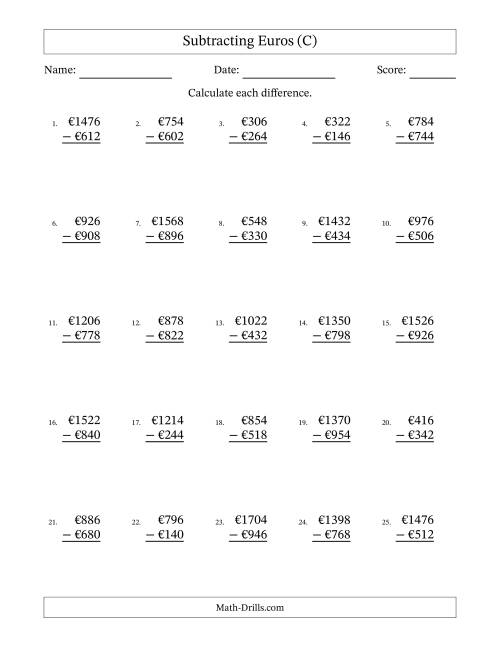 The Subtracting Euros With Amounts from 2 to 998 in Increments of Two Euros (C) Math Worksheet