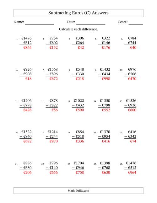 The Subtracting Euros With Amounts from 2 to 998 in Increments of Two Euros (C) Math Worksheet Page 2