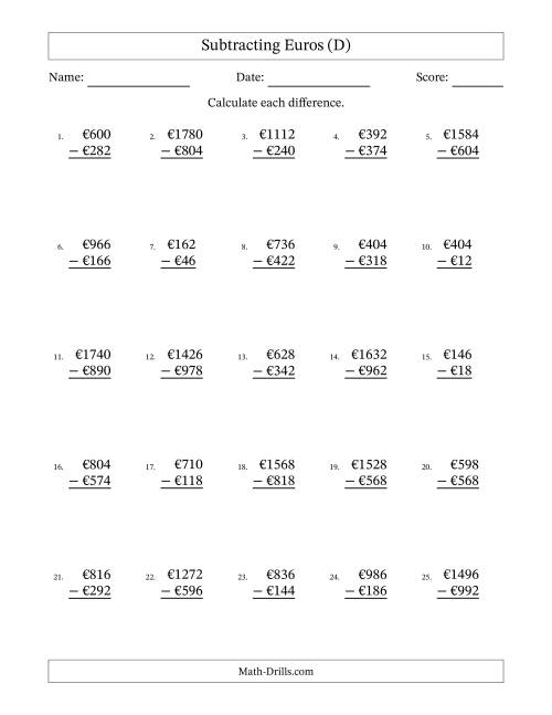 The Subtracting Euros With Amounts from 2 to 998 in Increments of Two Euros (D) Math Worksheet