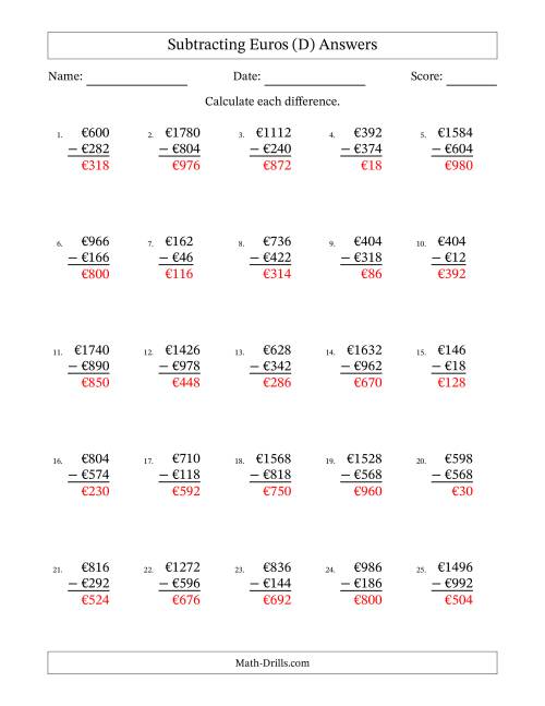 The Subtracting Euros With Amounts from 2 to 998 in Increments of Two Euros (D) Math Worksheet Page 2