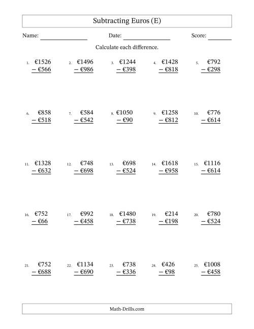 The Subtracting Euros With Amounts from 2 to 998 in Increments of Two Euros (E) Math Worksheet