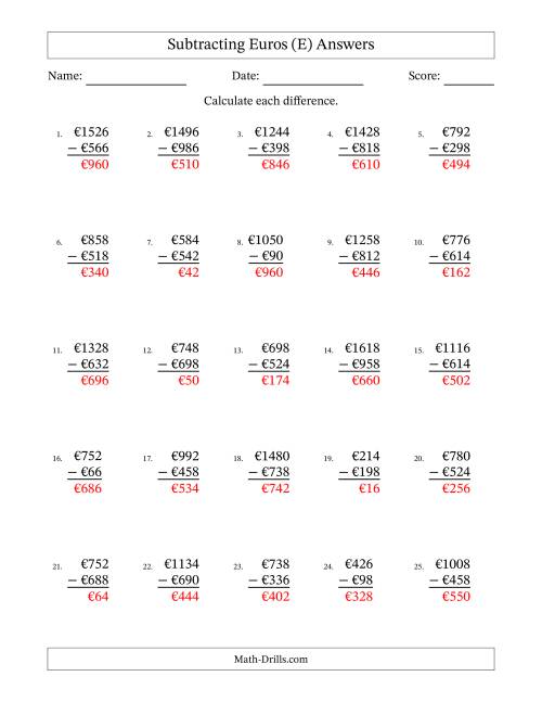 The Subtracting Euros With Amounts from 2 to 998 in Increments of Two Euros (E) Math Worksheet Page 2