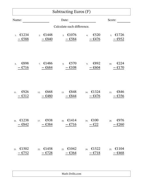 The Subtracting Euros With Amounts from 2 to 998 in Increments of Two Euros (F) Math Worksheet