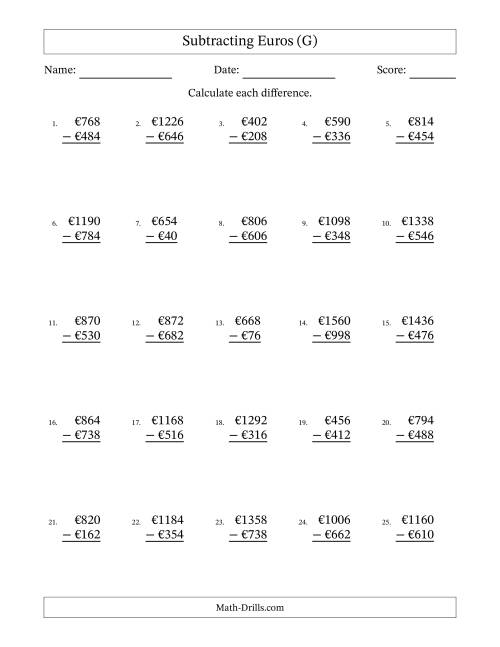 The Subtracting Euros With Amounts from 2 to 998 in Increments of Two Euros (G) Math Worksheet