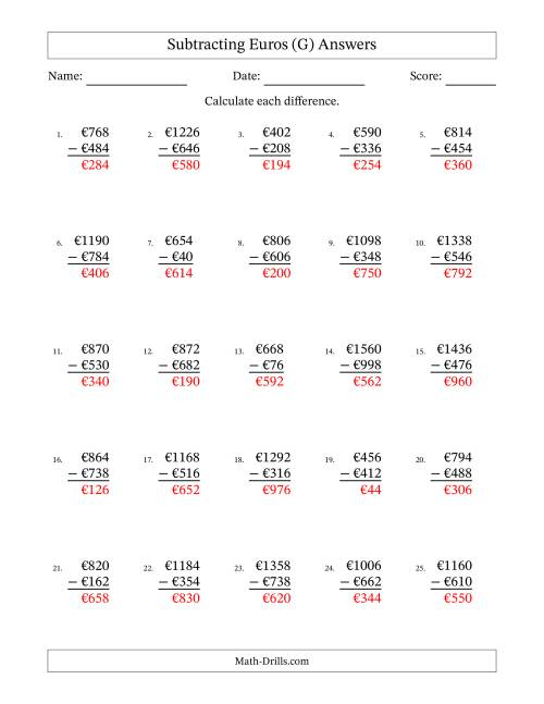 The Subtracting Euros With Amounts from 2 to 998 in Increments of Two Euros (G) Math Worksheet Page 2