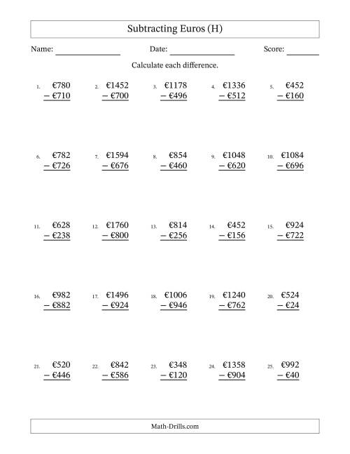 The Subtracting Euros With Amounts from 2 to 998 in Increments of Two Euros (H) Math Worksheet