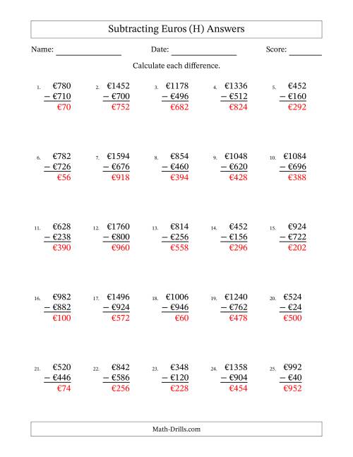 The Subtracting Euros With Amounts from 2 to 998 in Increments of Two Euros (H) Math Worksheet Page 2