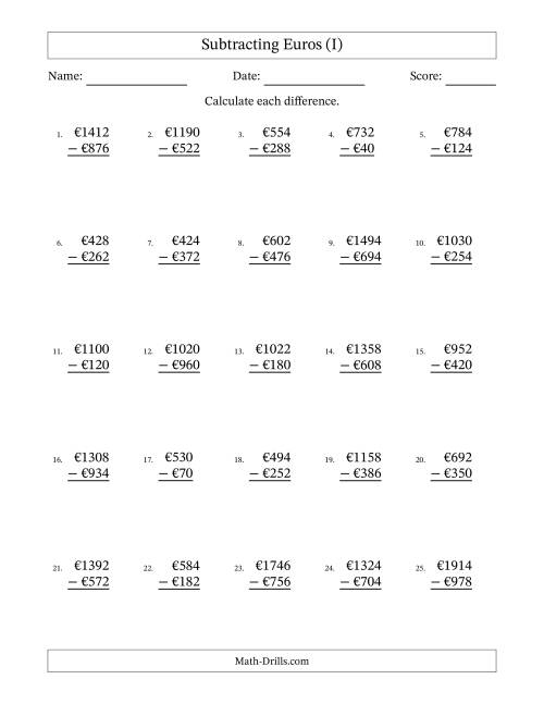 The Subtracting Euros With Amounts from 2 to 998 in Increments of Two Euros (I) Math Worksheet