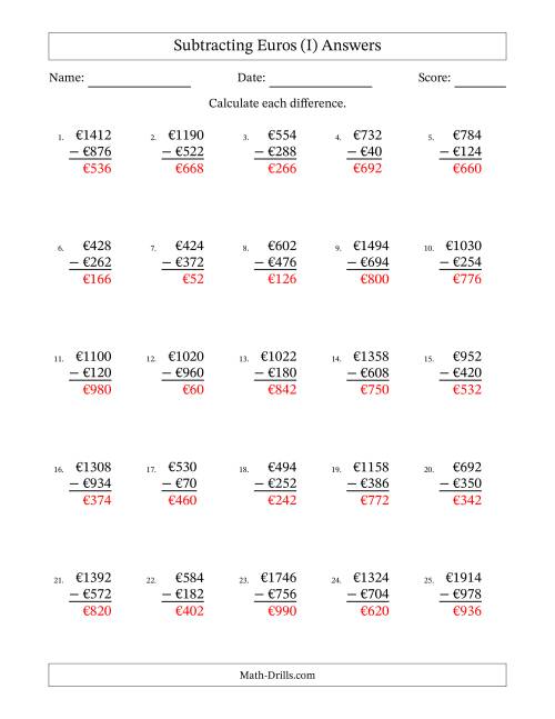 The Subtracting Euros With Amounts from 2 to 998 in Increments of Two Euros (I) Math Worksheet Page 2