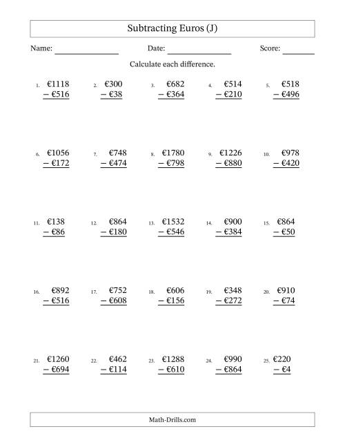 The Subtracting Euros With Amounts from 2 to 998 in Increments of Two Euros (J) Math Worksheet