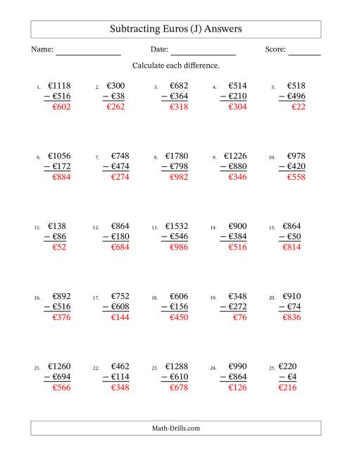 The Subtracting Euros With Amounts from 2 to 998 in Increments of Two Euros (J) Math Worksheet Page 2