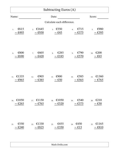 The Subtracting Euros With Amounts from 5 to 995 in Increments of Five Euros (A) Math Worksheet