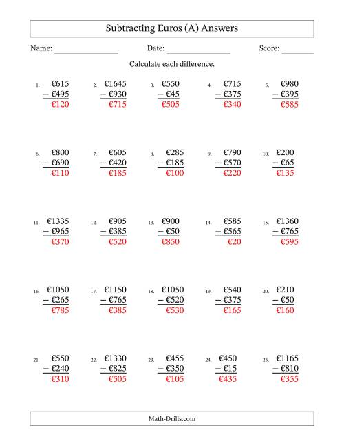 The Subtracting Euros With Amounts from 5 to 995 in Increments of Five Euros (A) Math Worksheet Page 2