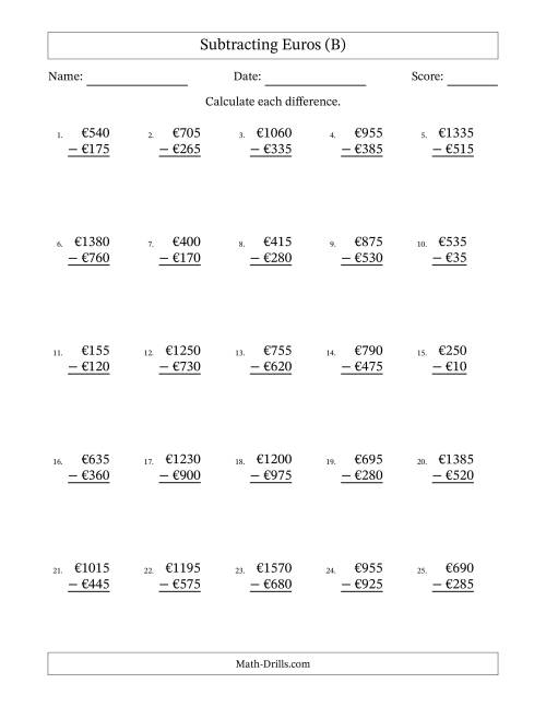 The Subtracting Euros With Amounts from 5 to 995 in Increments of Five Euros (B) Math Worksheet