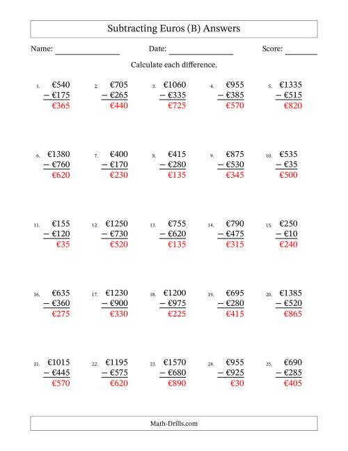 The Subtracting Euros With Amounts from 5 to 995 in Increments of Five Euros (B) Math Worksheet Page 2