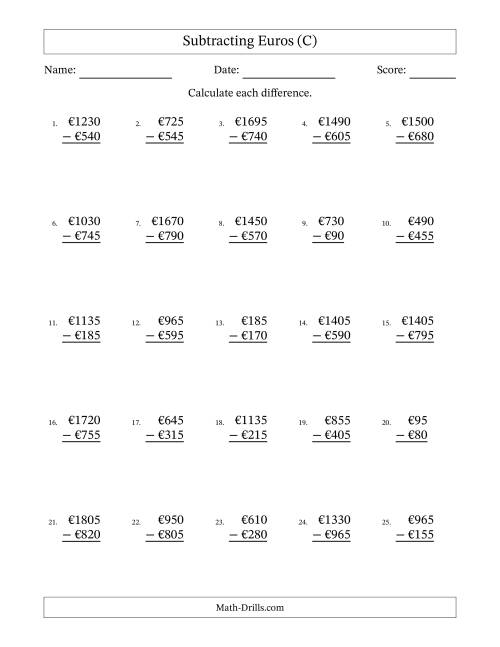 The Subtracting Euros With Amounts from 5 to 995 in Increments of Five Euros (C) Math Worksheet