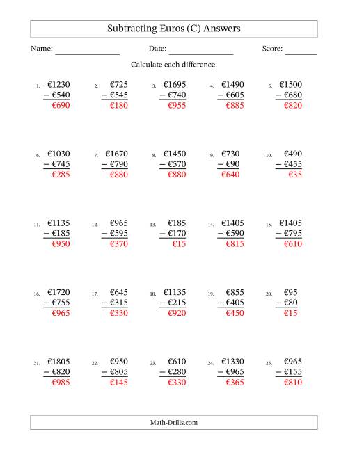 The Subtracting Euros With Amounts from 5 to 995 in Increments of Five Euros (C) Math Worksheet Page 2