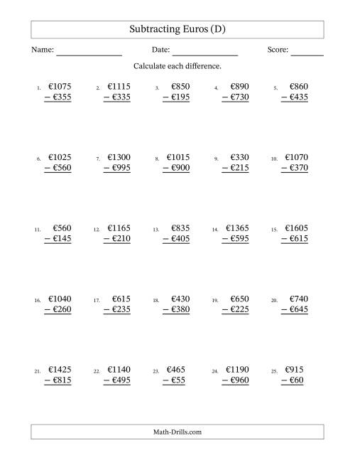 The Subtracting Euros With Amounts from 5 to 995 in Increments of Five Euros (D) Math Worksheet