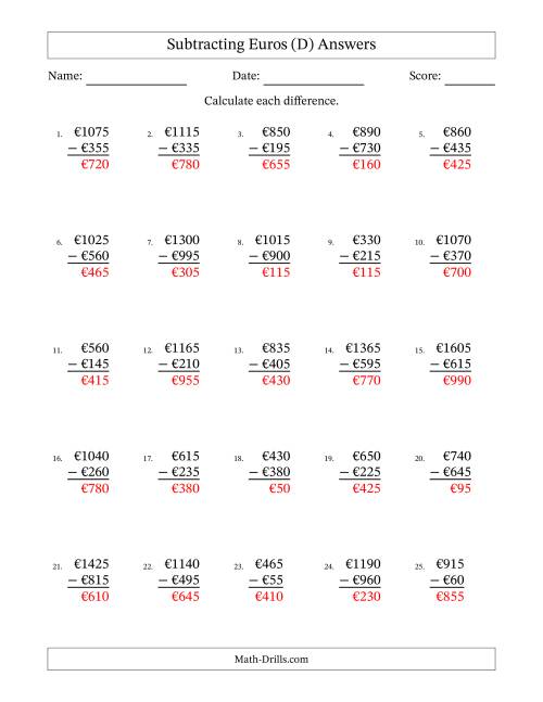 The Subtracting Euros With Amounts from 5 to 995 in Increments of Five Euros (D) Math Worksheet Page 2