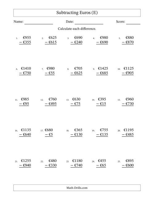 The Subtracting Euros With Amounts from 5 to 995 in Increments of Five Euros (E) Math Worksheet