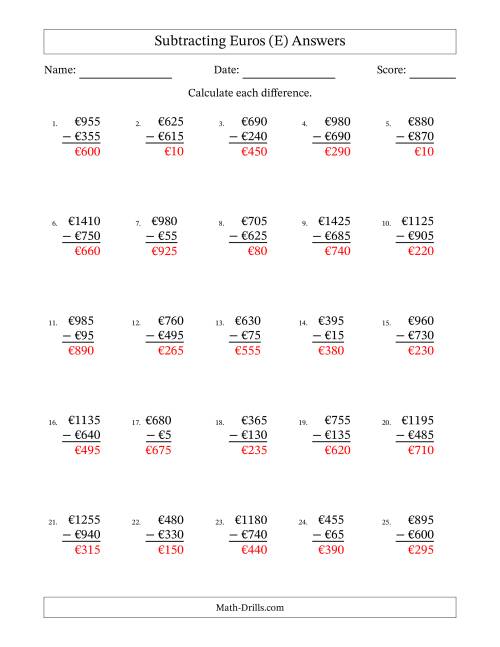 The Subtracting Euros With Amounts from 5 to 995 in Increments of Five Euros (E) Math Worksheet Page 2