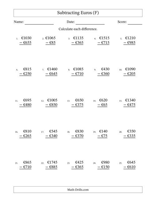 The Subtracting Euros With Amounts from 5 to 995 in Increments of Five Euros (F) Math Worksheet