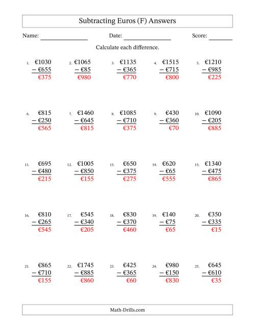 The Subtracting Euros With Amounts from 5 to 995 in Increments of Five Euros (F) Math Worksheet Page 2