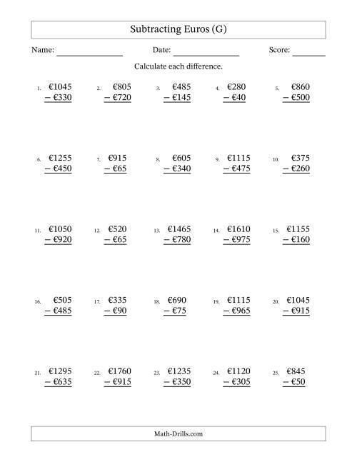 The Subtracting Euros With Amounts from 5 to 995 in Increments of Five Euros (G) Math Worksheet