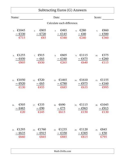 The Subtracting Euros With Amounts from 5 to 995 in Increments of Five Euros (G) Math Worksheet Page 2