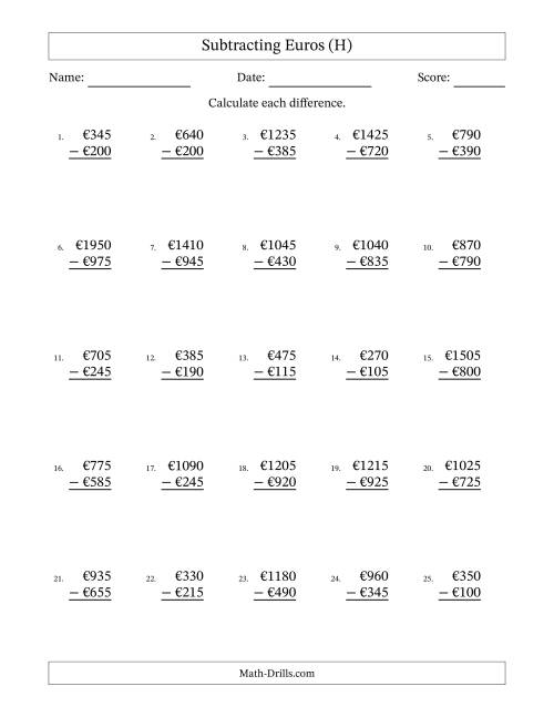 The Subtracting Euros With Amounts from 5 to 995 in Increments of Five Euros (H) Math Worksheet