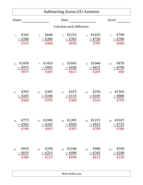 The Subtracting Euros With Amounts from 5 to 995 in Increments of Five Euros (H) Math Worksheet Page 2