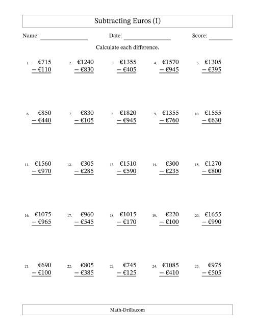 The Subtracting Euros With Amounts from 5 to 995 in Increments of Five Euros (I) Math Worksheet